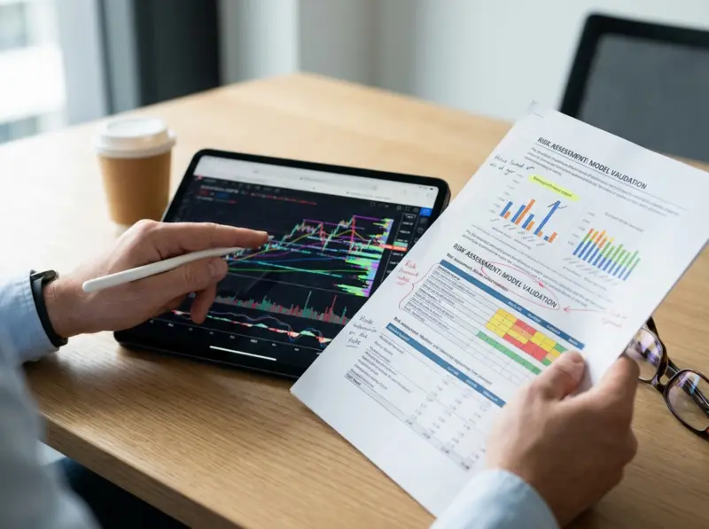 Futuristic trading dashboard displaying AI-powered market analysis with real-time risk indicators and algorithmic strategy monitoring